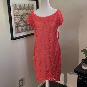 Bisou Bisou Dress Size 14 coral and tan